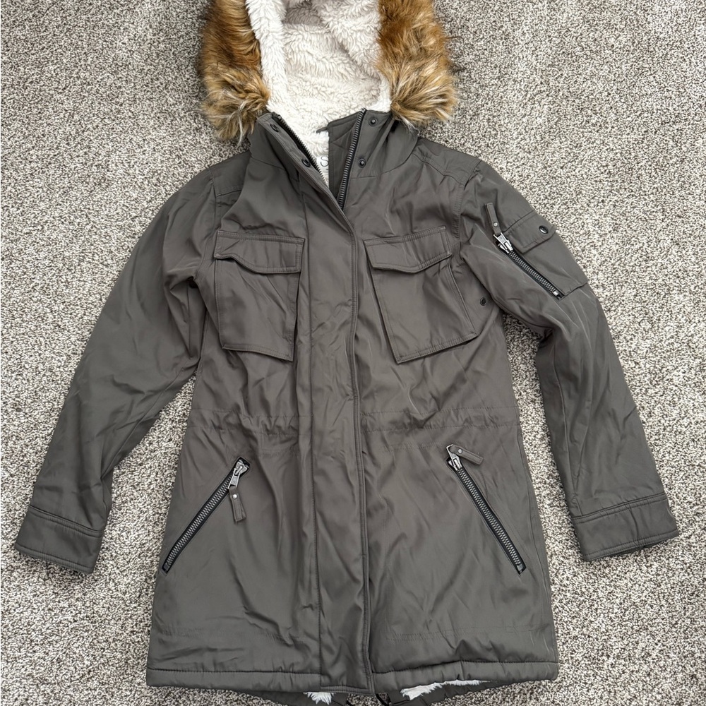 Women's Gray Parka Coat with Faux Fur Hood and Lining Size Small